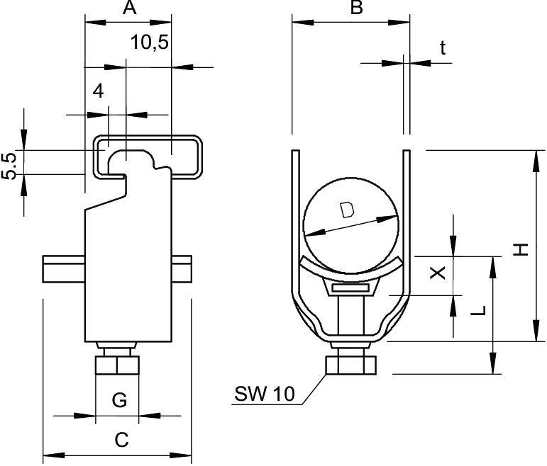 Rysunek techniczny okucia. Przedstawia wymiary takie jak 10,5 mm i 4 mm. Zawiera opisy: 'SW 10', 'A', 'B' oraz 'C'.