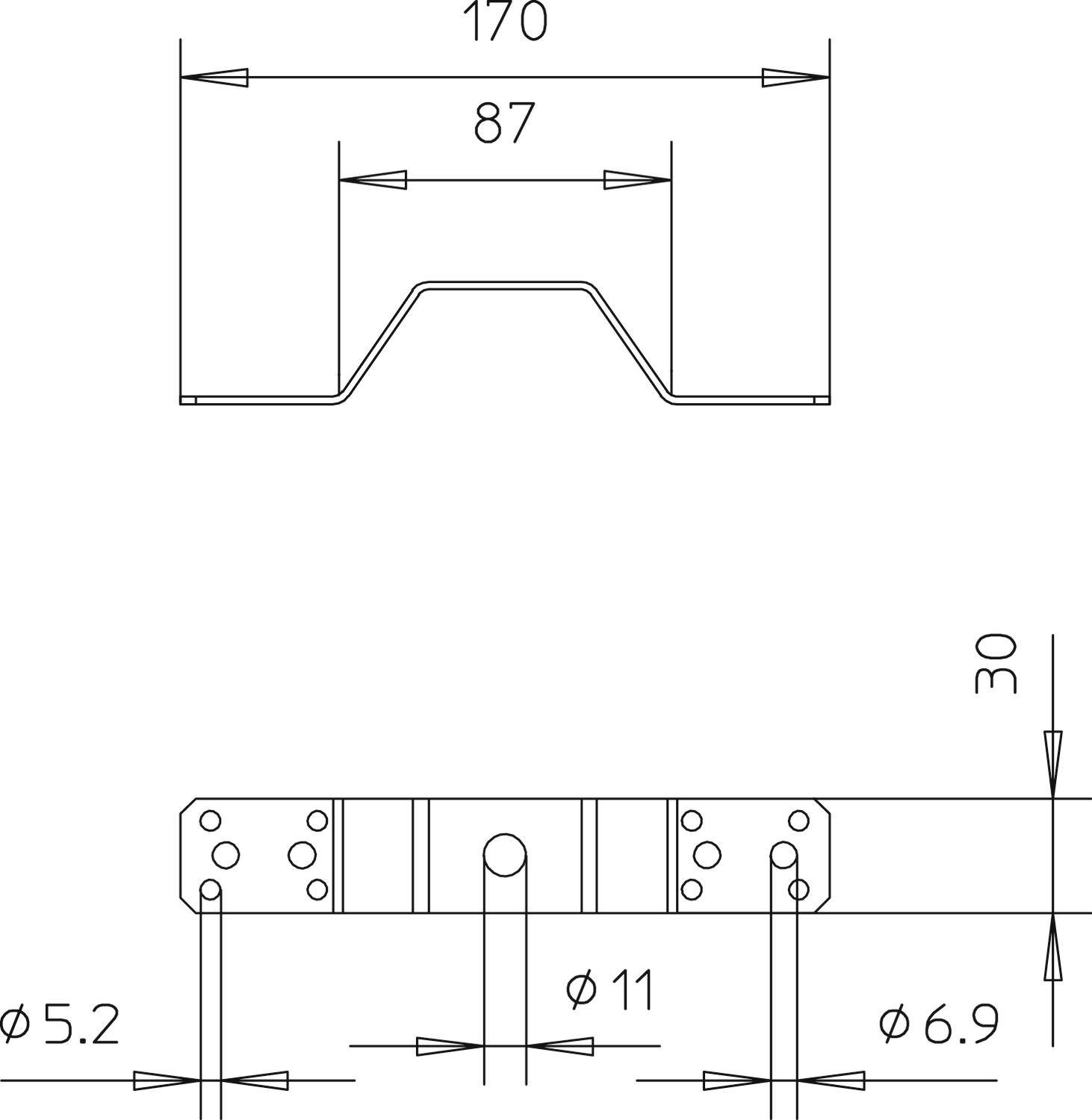 Rysunek techniczny elementu metalowego z wymiarami: szerokość 170 mm, wysokość 30 mm; otwory o średnicach 5,2 mm, 11 mm i 6,9 mm.