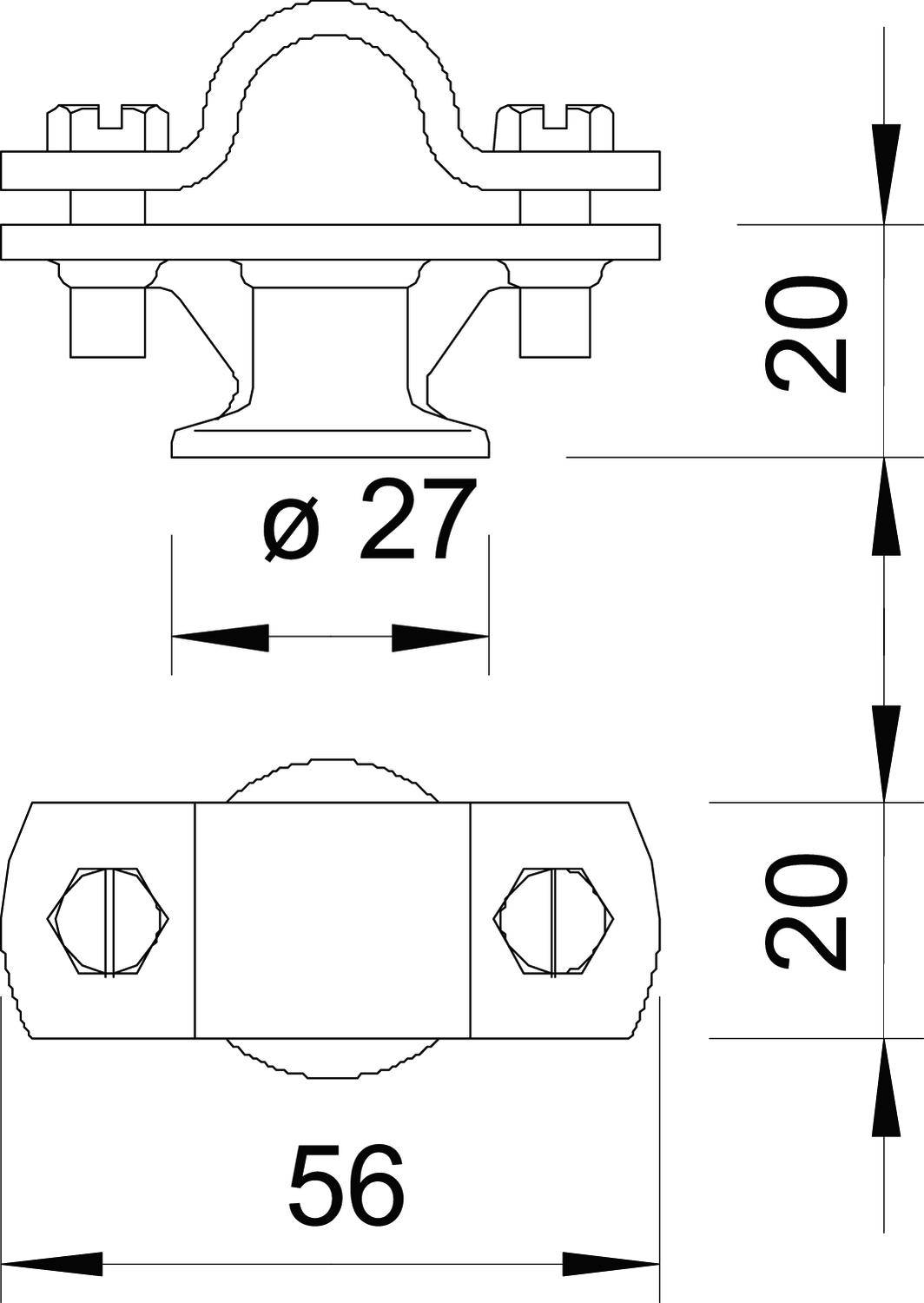 Rysunek techniczny obejmy rurowej z wymiarami: średnica 27 mm, wysokość 20 mm, szerokość 56 mm, widok boczny śrub.
