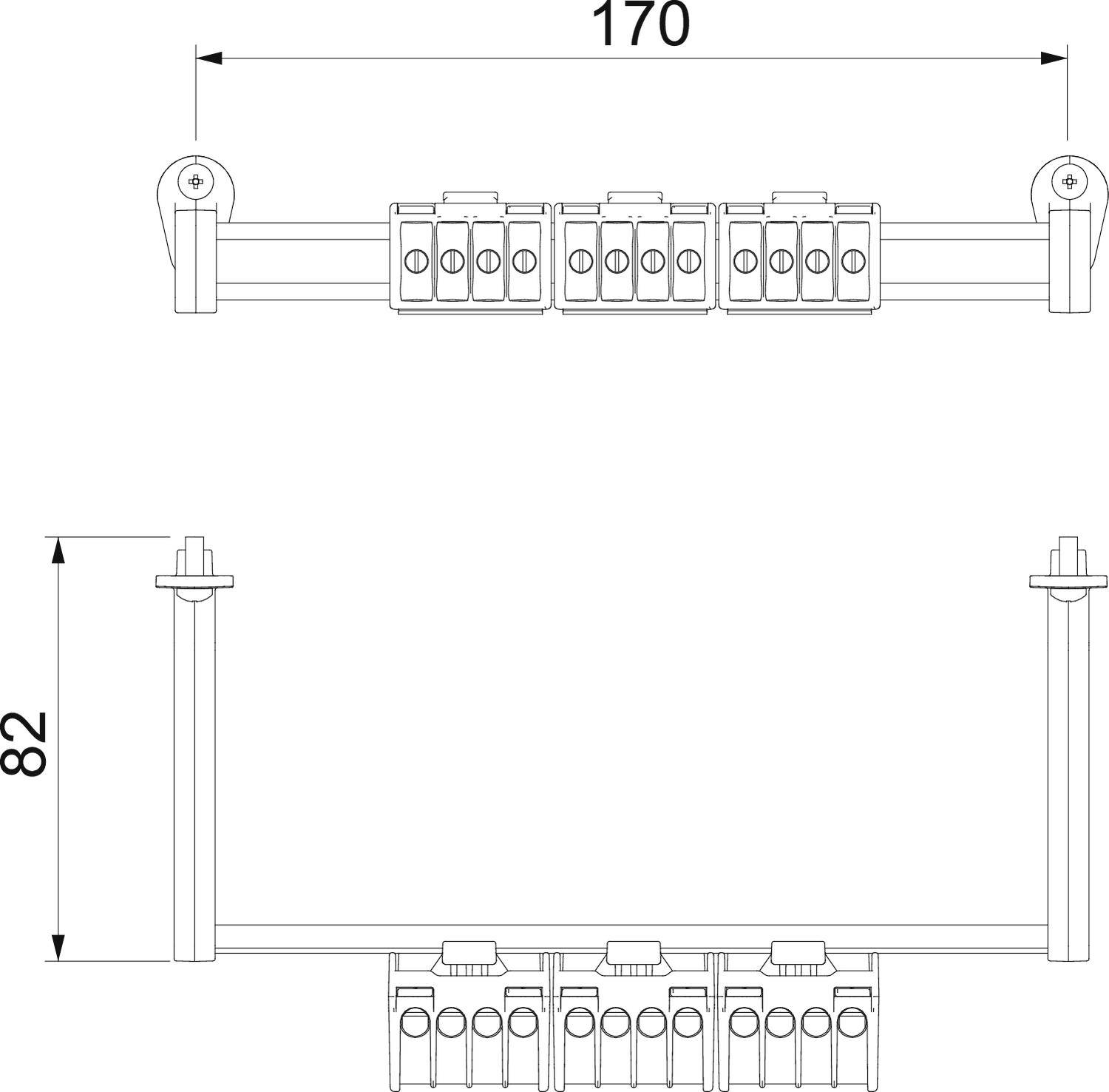 Rysunek techniczny listwy zaciskowej elektrycznej. Na górze widok z góry o szerokości 170 mm, na dole widok z boku o wysokości 82 mm.