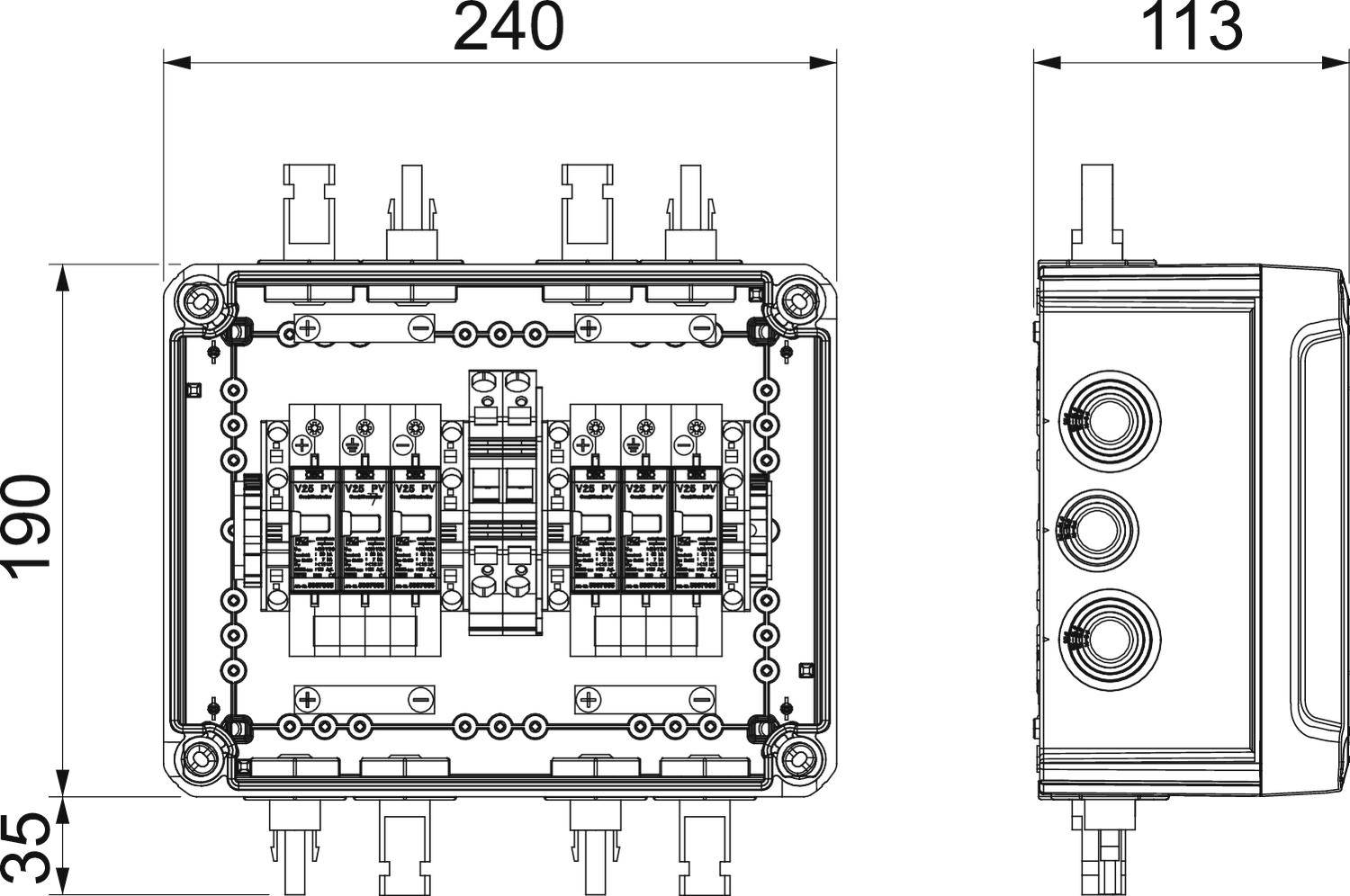 Rysunek techniczny elektrycznej skrzynki przyłączeniowej o wymiarach: szerokość 240 mm, wysokość 190 mm, głębokość 113 mm.