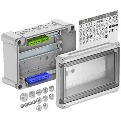 Obudowa do elementów elektrycznych z zdejmowaną pokrywą, kolorowymi blokami zaciskowymi, uszczelkami i arkuszem do oznaczania.