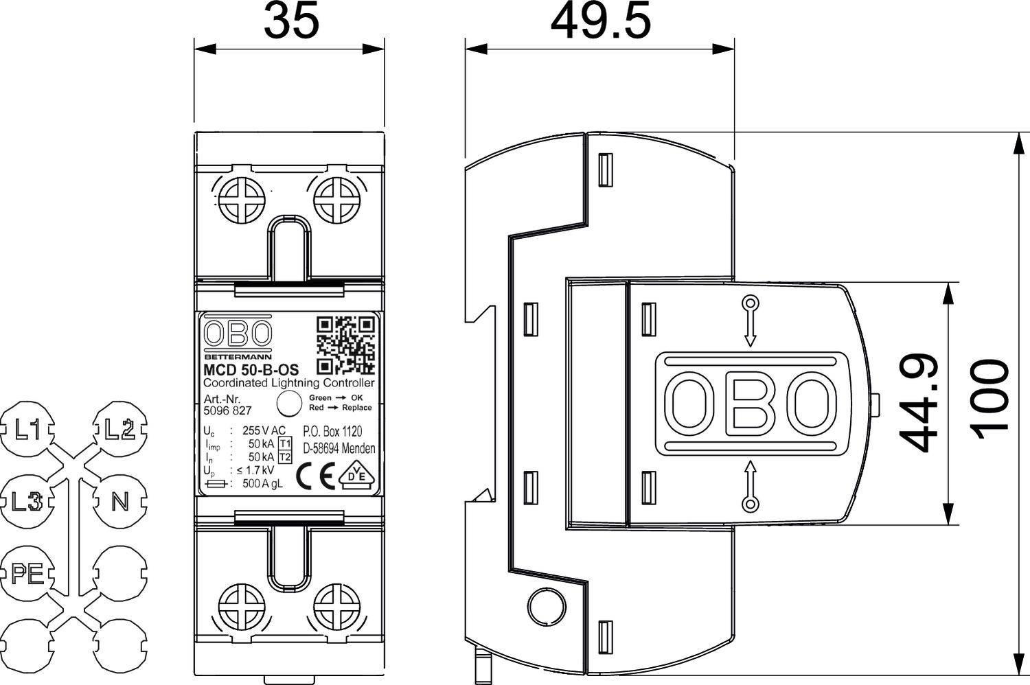 'Schemat elektryczny, przedstawiający kombinerowy ogranicznik przepięć MCD 50-B-D/S firmy OBO, o wymiarach 35x49,5x44,9 mm, oznaczony od L1 do L4.'