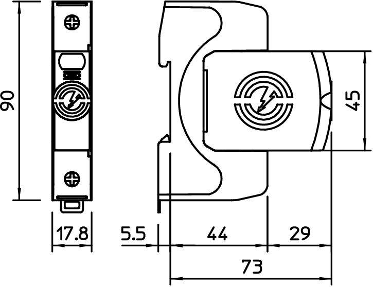Rysunek techniczny zasuwnicy o wymiarach 90x45 mm, z następującymi szczegółami: szerokość 17,8 mm, odstęp 5,5 mm, całkowita długość 73 mm. Zawiera symbol w kształcie koła.