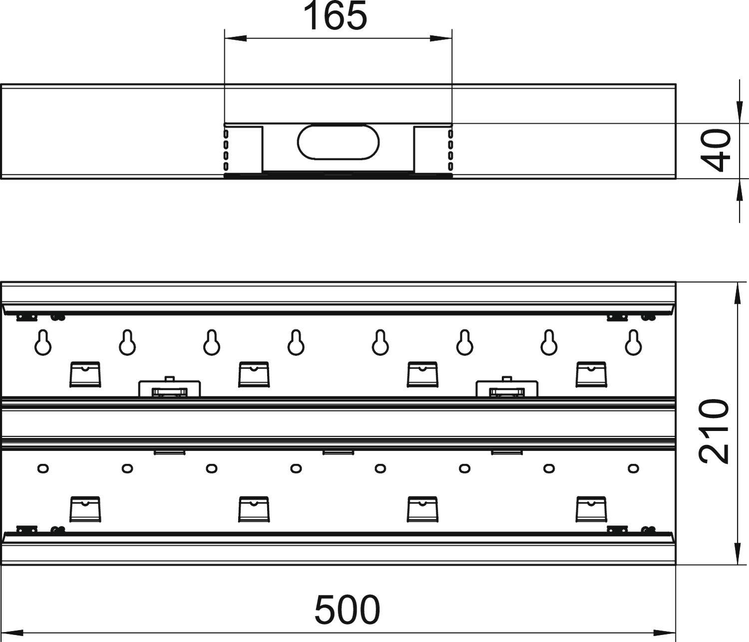 Rysunek techniczny prostokątnego elementu z wymiarami: długość 165 mm, wysokość 40 mm, szerokość 500 mm, wysokość 210 mm. Na górze: widok z boku; Na dole: widok z przodu z detalami.