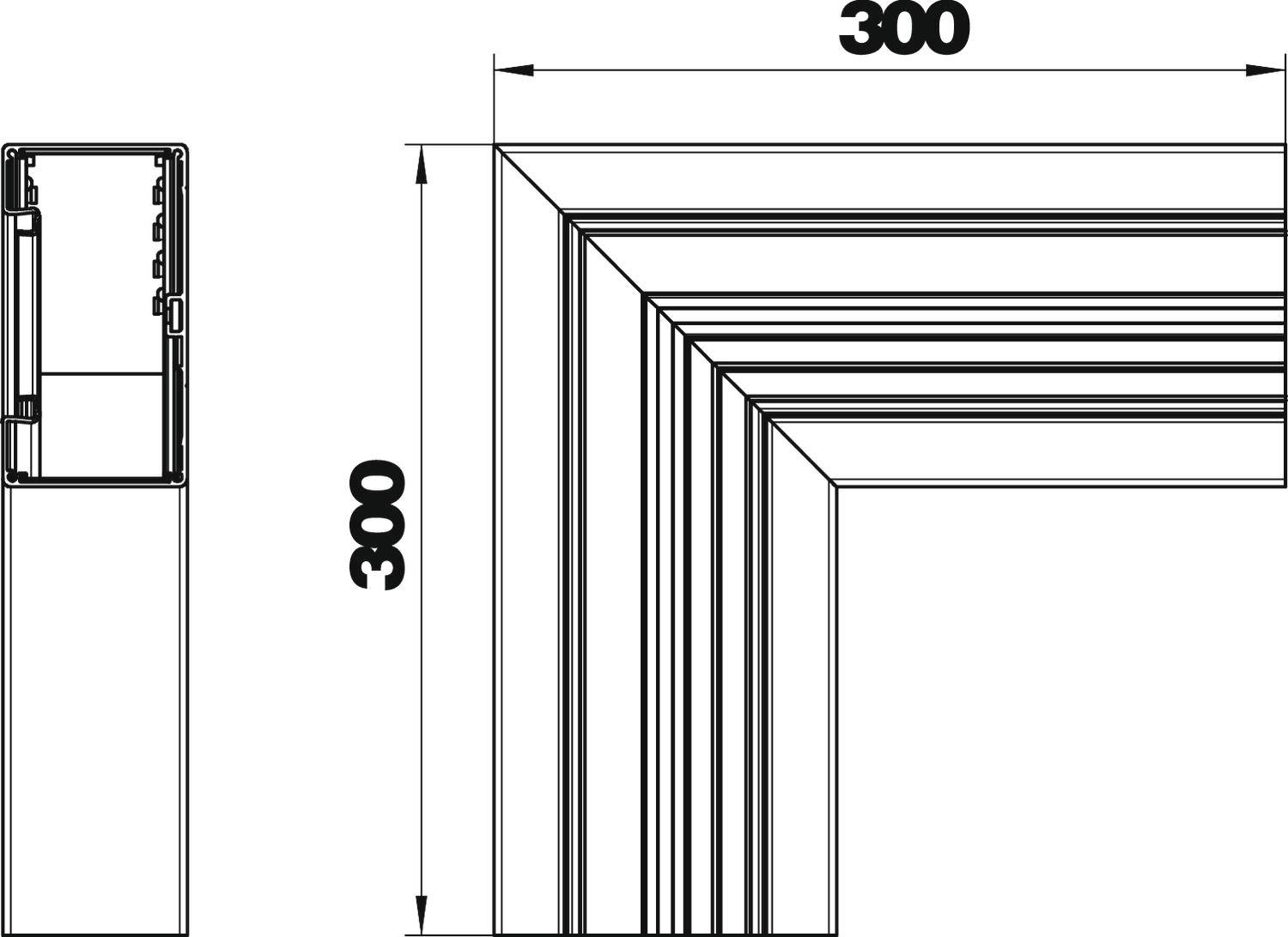 Rysunek techniczny prostokątnej ramy o wymiarach: 300 x 300. Widok poprzeczny i podłużny przedstawiony szczegółowo.