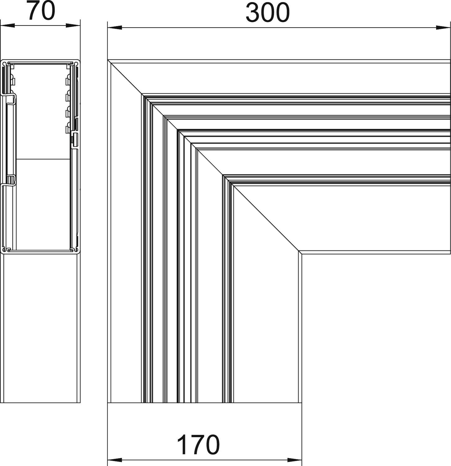 Rysunek techniczny przekroju poprzecznego okna. Po lewej stronie widok szczegółowy o szerokości 70 mm, po prawej stronie widok narożny o wymiarach 300 x 170 mm.