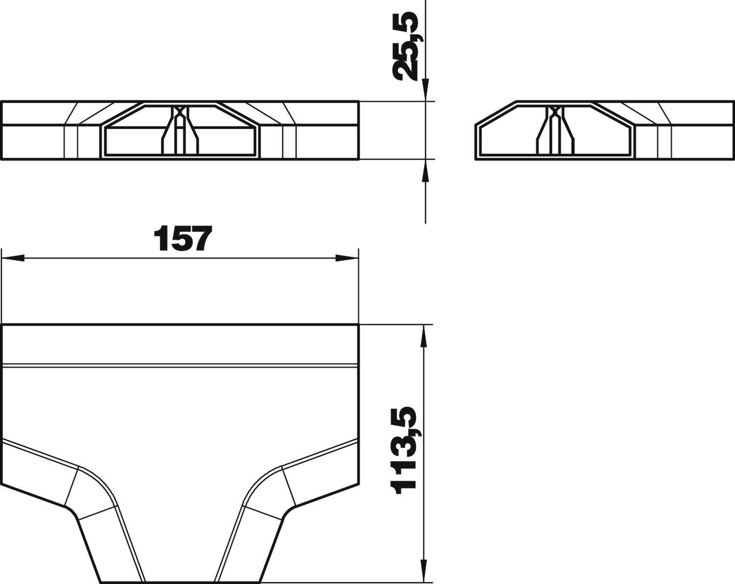 Rysunek techniczny elementu. Wymiary: 25,5 mm wysokości, 157 mm szerokości, 113,5 mm głębokości. Przedstawia przekrój i widok z boku.