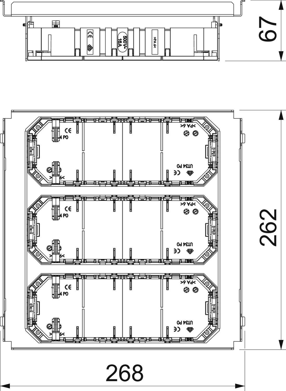 Rysunek techniczny prostokątnej, wielowarstwowej jednostki elektrycznej o wymiarach: szerokość 268 mm, wysokość 262 mm, głębokość 67 mm.