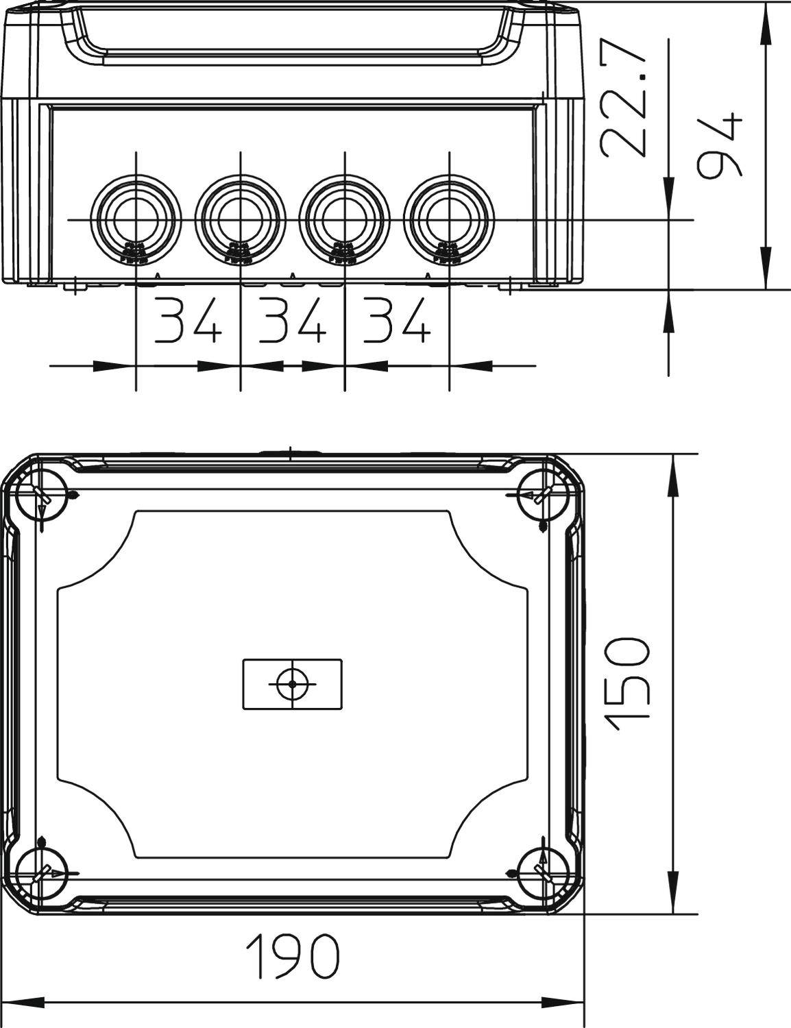 Rysunek techniczny prostokątnej obudowy o wymiarach: 190x150 mm, wysokość 94 mm. Na górnej powierzchni przedstawiono cztery okrągłe przyłącza.