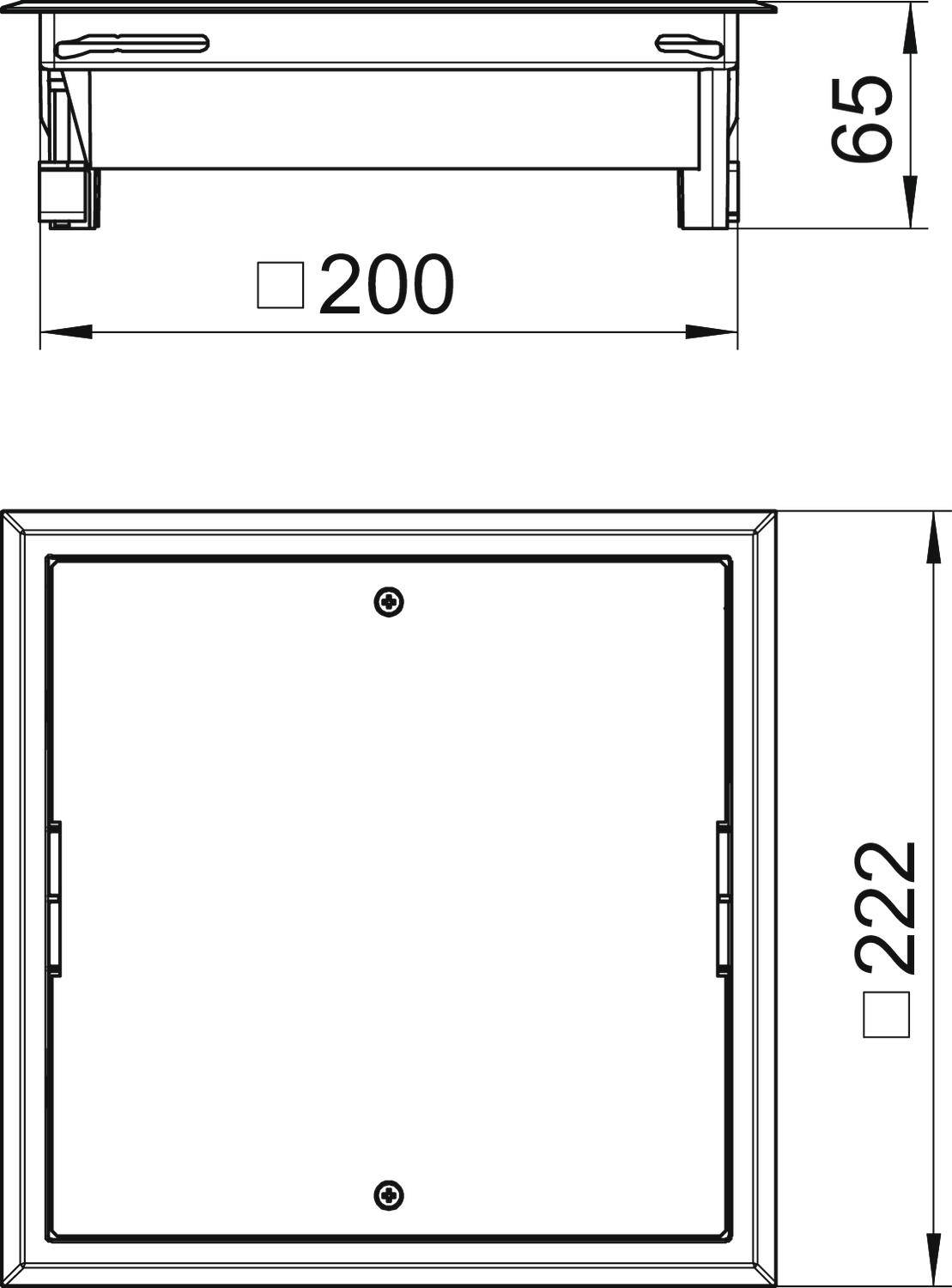 Rysunek techniczny metalowej skrzynki kwadratowej o wymiarach: 200 mm szerokości i 222 mm wysokości. Wysokość boczna 65 mm.