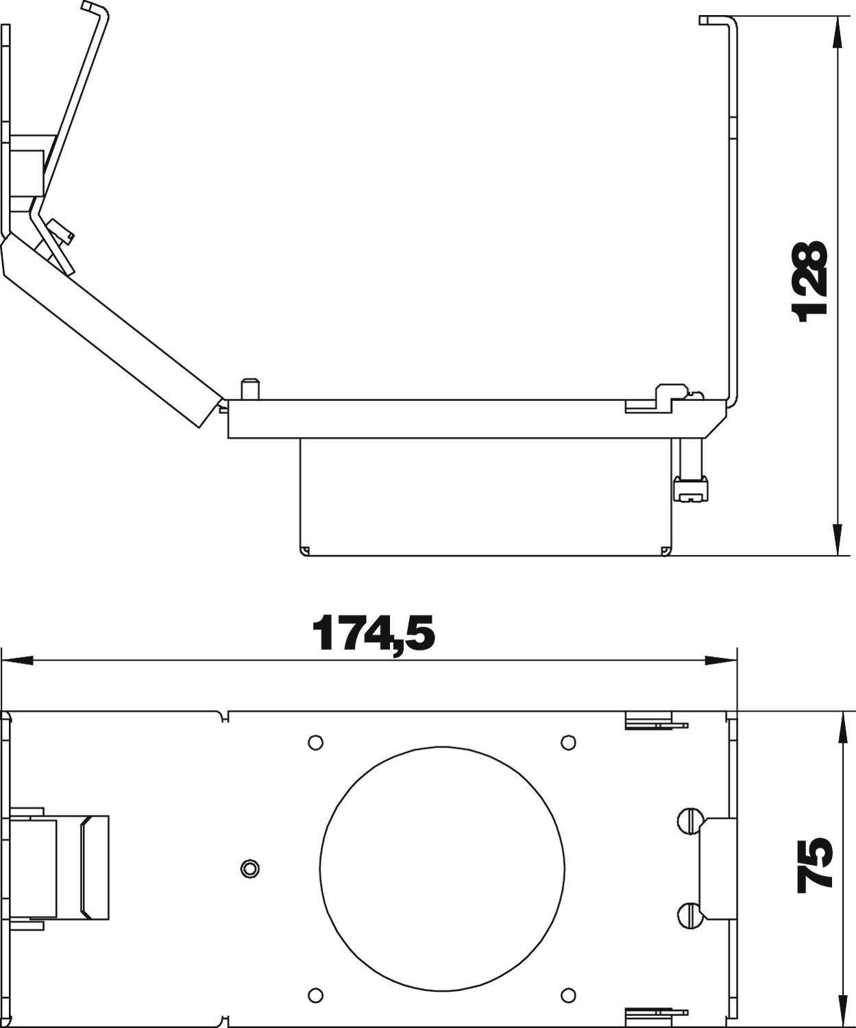 Rysunek techniczny elementu z dwoma rzutami. Na górze: widok z boku o wysokości 128 mm. Na dole: widok z góry o szerokości 174,5 mm i głębokości 75 mm.