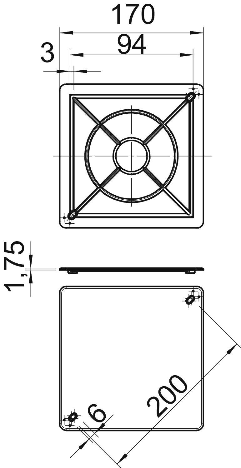 Rysunek techniczny elementu kwadratowego z wymiarami: 170 mm, 200 mm, szczegółami otworów i odległością 94 mm.