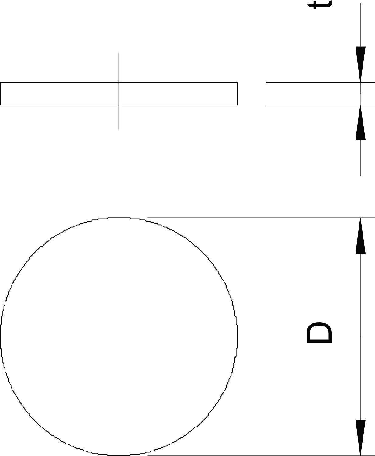 Rysunek techniczny cylindra. Widok z boku przedstawia średnicę 'D' oraz wysokość 't'.