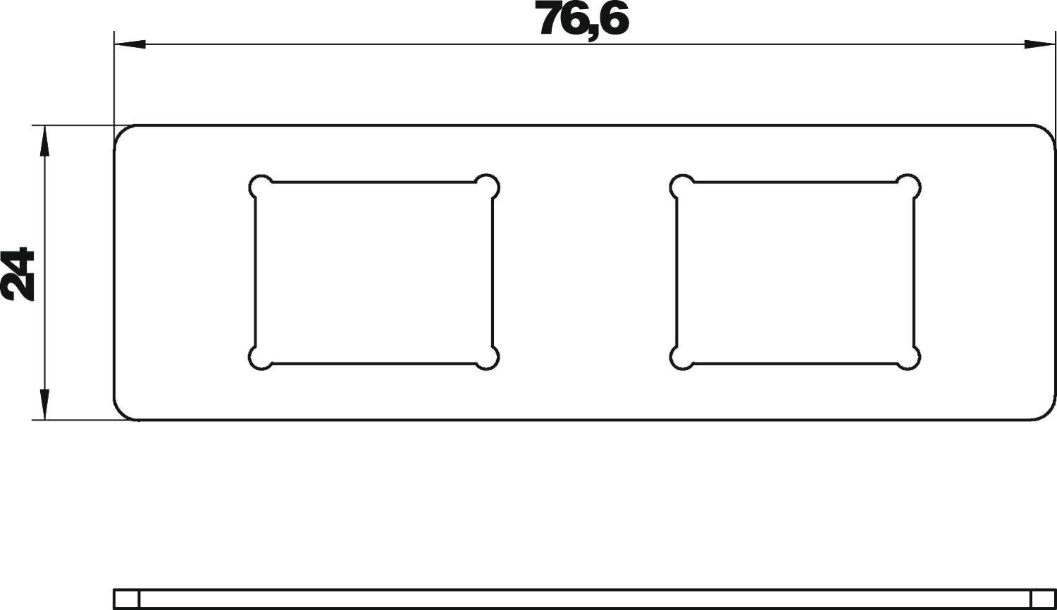 Rysunek techniczny prostokątnego przedmiotu o wymiarach 76,6 x 24 cm, przedstawiający dwa kwadratowe wycięcia w środkowej części.