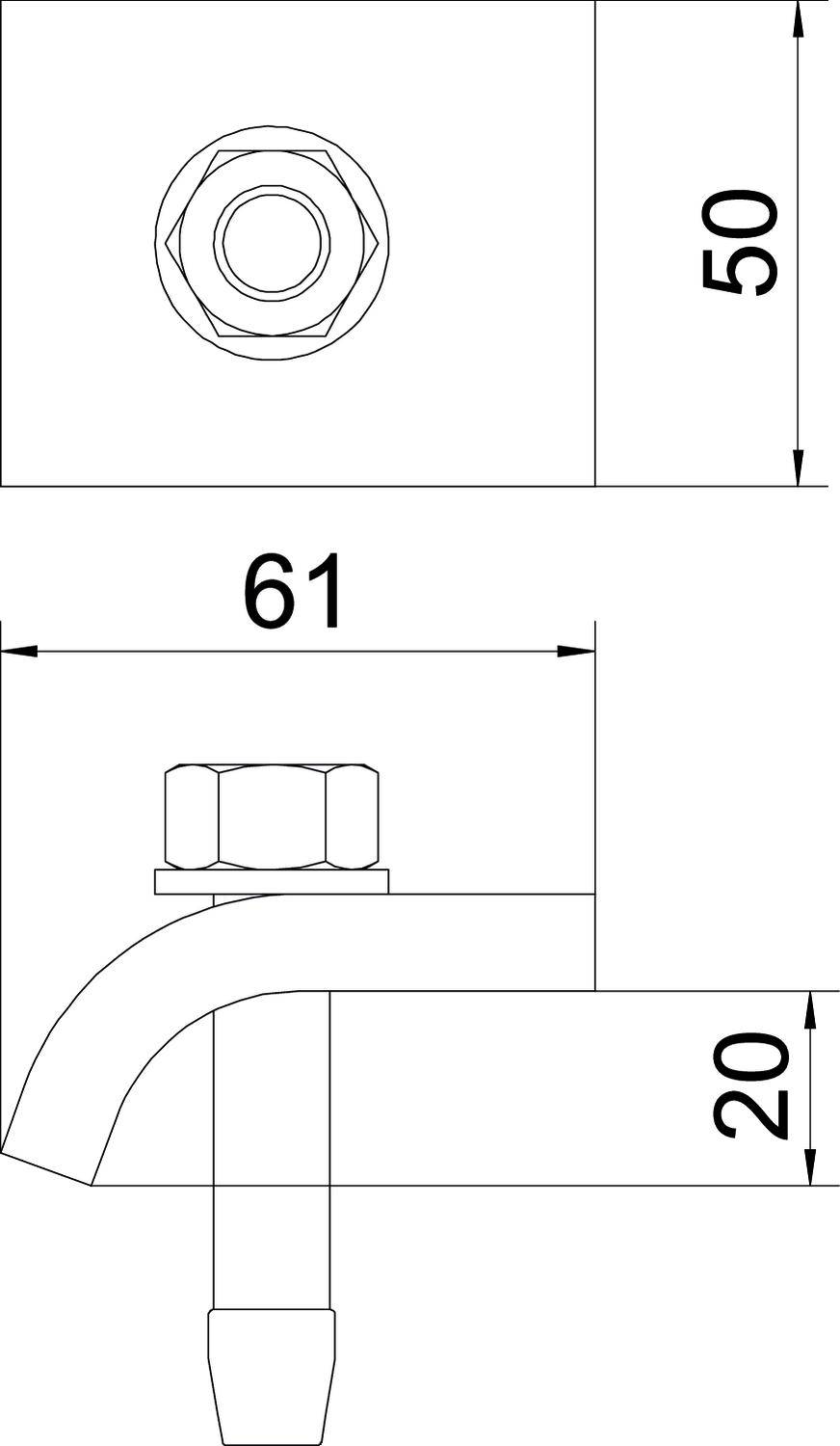 Rysunek techniczny kąta ze śrubą, z podanymi wymiarami: szerokość 61 mm, wysokość 50 mm, wysokość śruby 20 mm.