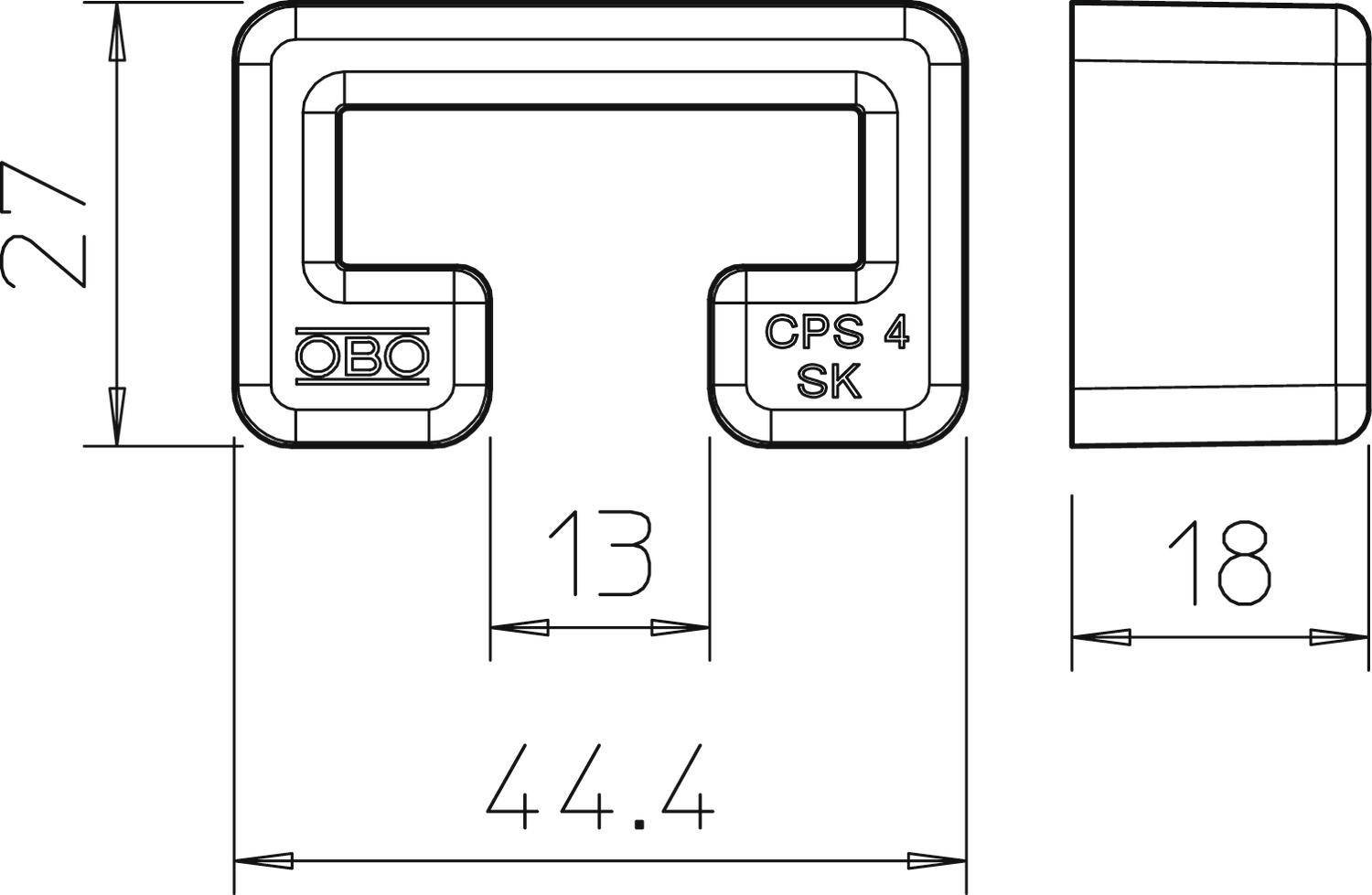 Rysunek techniczny metalowego zacisku o wymiarach: wysokość 27 mm, szerokość 44,4 mm, szerokość wewnętrzna 13 mm, głębokość 18 mm, napis 'CPS 4 SK'.