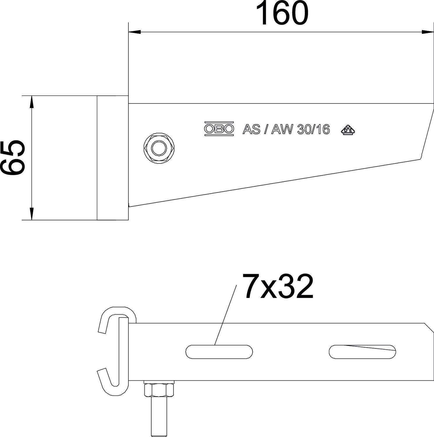 Rysunek techniczny wieszaka ściennego z wymiarami: długość 160 mm, wysokość 65 mm. Oznaczenie: 'AS / AW 30/16', rozmiar otworu 7x32 mm.