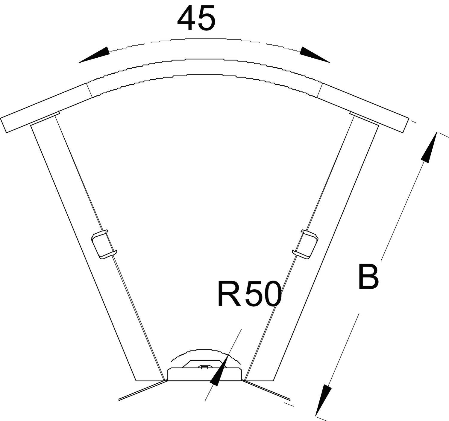 Diagram konstrukacji łuku z dwoma wspornikami, które tworzą promień 50 (R50). Kąt u góry wynosi 45 stopni.