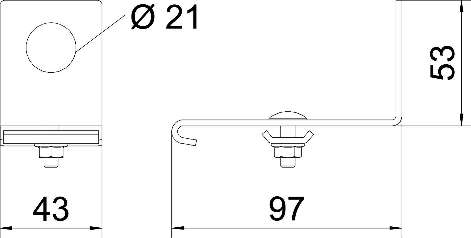Rysunek techniczny metalowego kątownika z wymiarami: wysokość 53 mm, szerokość 43 mm, długość 97 mm. Średnica otworu 21 mm.