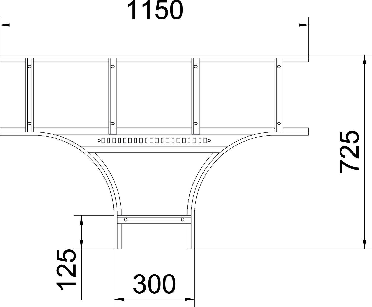 Rysunek techniczny dźwigara mostowego z wymiarami: szerokość 1150 mm, wysokość 725 mm, dolny promień 300 mm, dolna wysokość 125 mm.