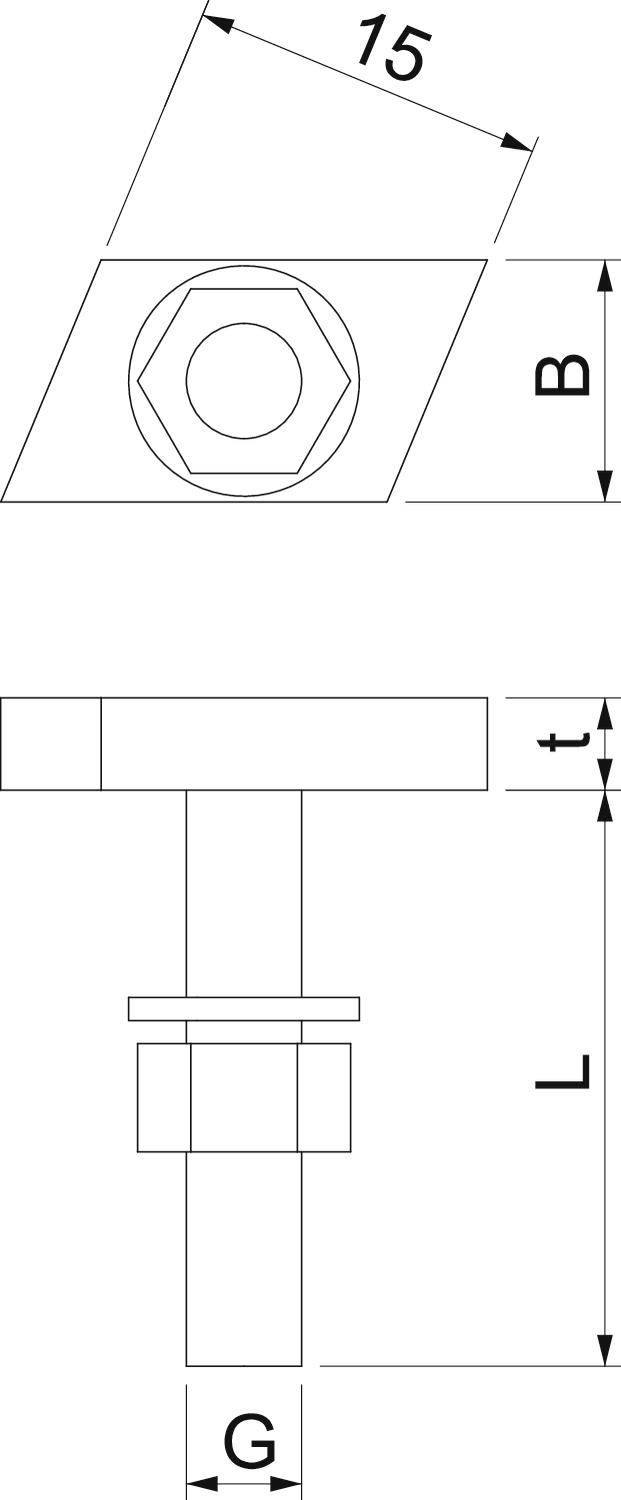 Rysunek techniczny metalowego pręta gwintowanego z sześciokątną główką, wymiary 15 dla kąta, B dla szerokości, L dla długości, t dla grubości, G dla średnicy gwintu.