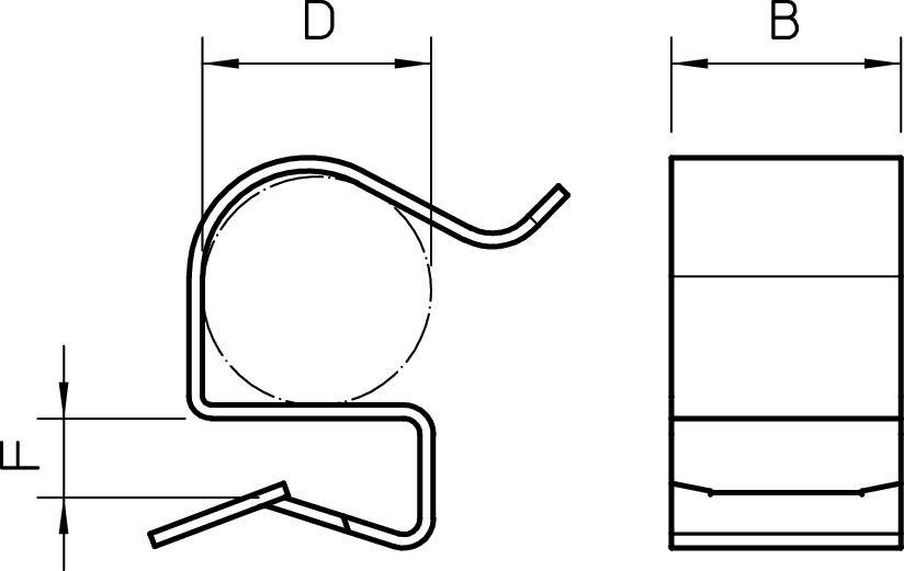 Rysunek techniczny zacisku z widokiem bocznym i czołowym. Oznaczone wymiary: średnica (D), szerokość (B) i szczelina (F).