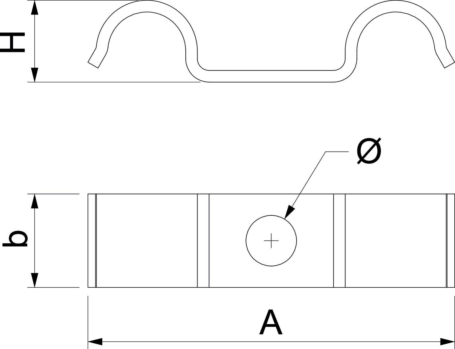 Rysunek techniczny wspornika. Widok z boku u góry z wysokością 'H'. Widok z góry na dole z szerokością 'b', długością 'A', średnicą otworu 'Ø'.