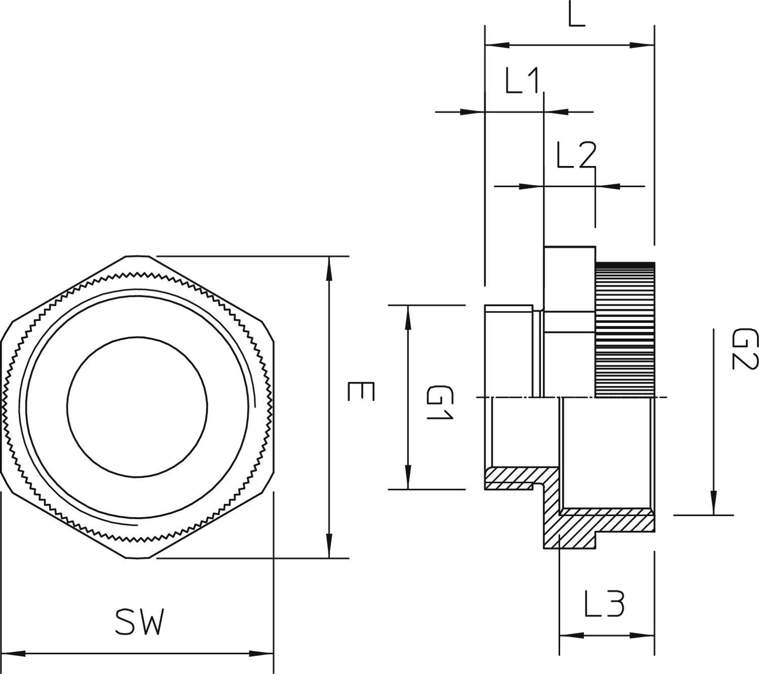 Rysunek techniczny nakrętki sześciokątnej ze wszystkimi wymiarami. Zawiera informacje o rozmiarach gwintu (G1, G2), długościach (L, L1, L2, L3) oraz szerokości klucza (SW).