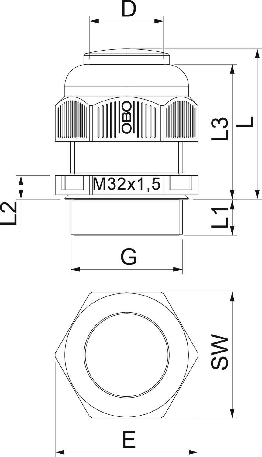 Rysunek techniczny schematu pomiarowego złączki kablowej z wymiarami D, L3, L2, L1, L oraz G. Poniżej widok z góry z wymiarami SW i E.