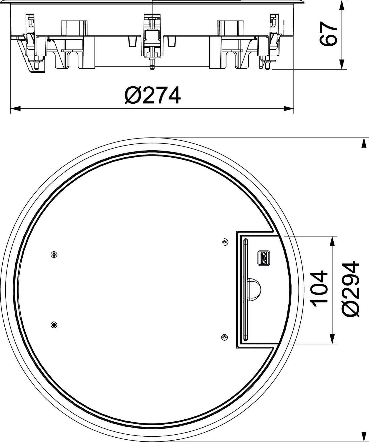 Rysunek techniczny okrągłego urządzenia o średnicy 294 mm. Widok z boku ukazuje głębokość 67 mm.