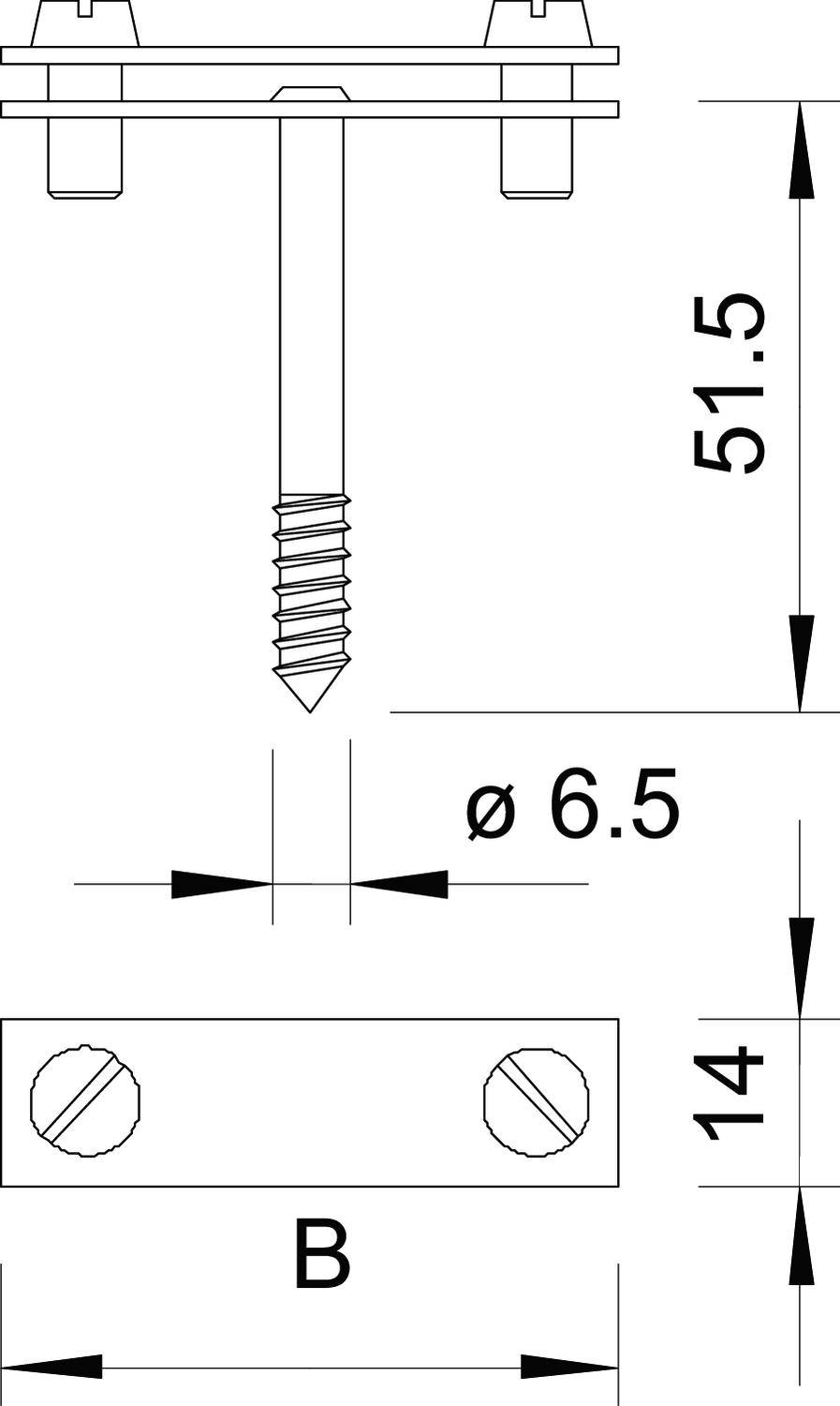 Rysunek techniczny śruby z wymiarami: całkowita długość 51,5 mm, średnica 6,5 mm. Dwa otwory gwintowane w podstawie, rozstaw 14 mm.