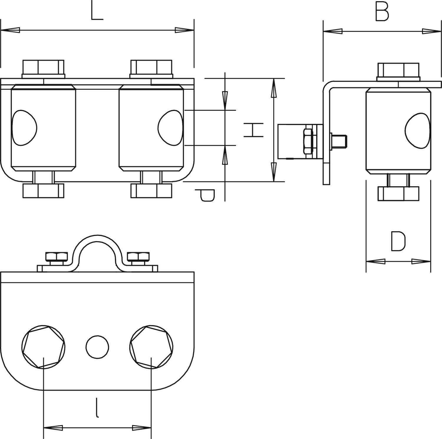 Rysunek techniczny dwuczęściowego uchwytu obejmy rurowej z wymiarami: L, B, D, H. Przedstawia widok z przodu i z boku.