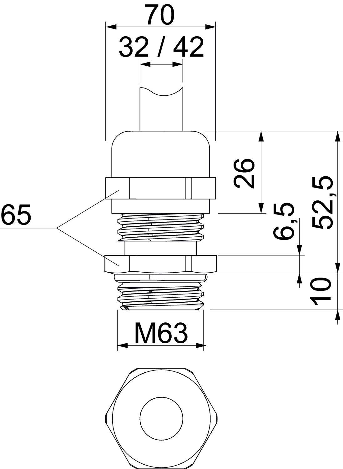 Rysunek techniczny cylindrycznego elementu z gwintem M63. Wymiary: 70 mm długości, 65 mm średnicy, 32/42 mm szerokości.