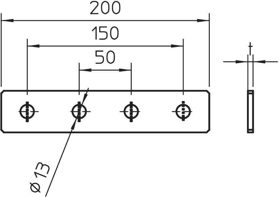 Rysunek techniczny belki metalowej z czterema otworami. Całkowita długość 200 mm, rozstaw otworów 50 mm, średnica otworów 13 mm.