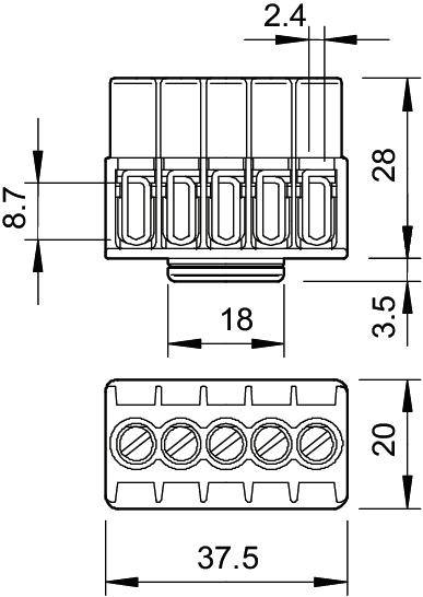 Rysunek techniczny pięciobiegunowego złącza wtykowego ze szczegółowymi wymiarami w milimetrach, obejmujący szerokość, wysokość i rozstawy.
