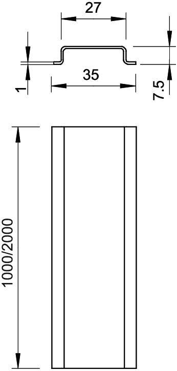 Rysunek techniczny profilu metalowego z wymiarami: szerokość 35 mm, wysokość 7,5 mm. Całkowita długość 1000/2000 mm, szerokość górna 27 mm.