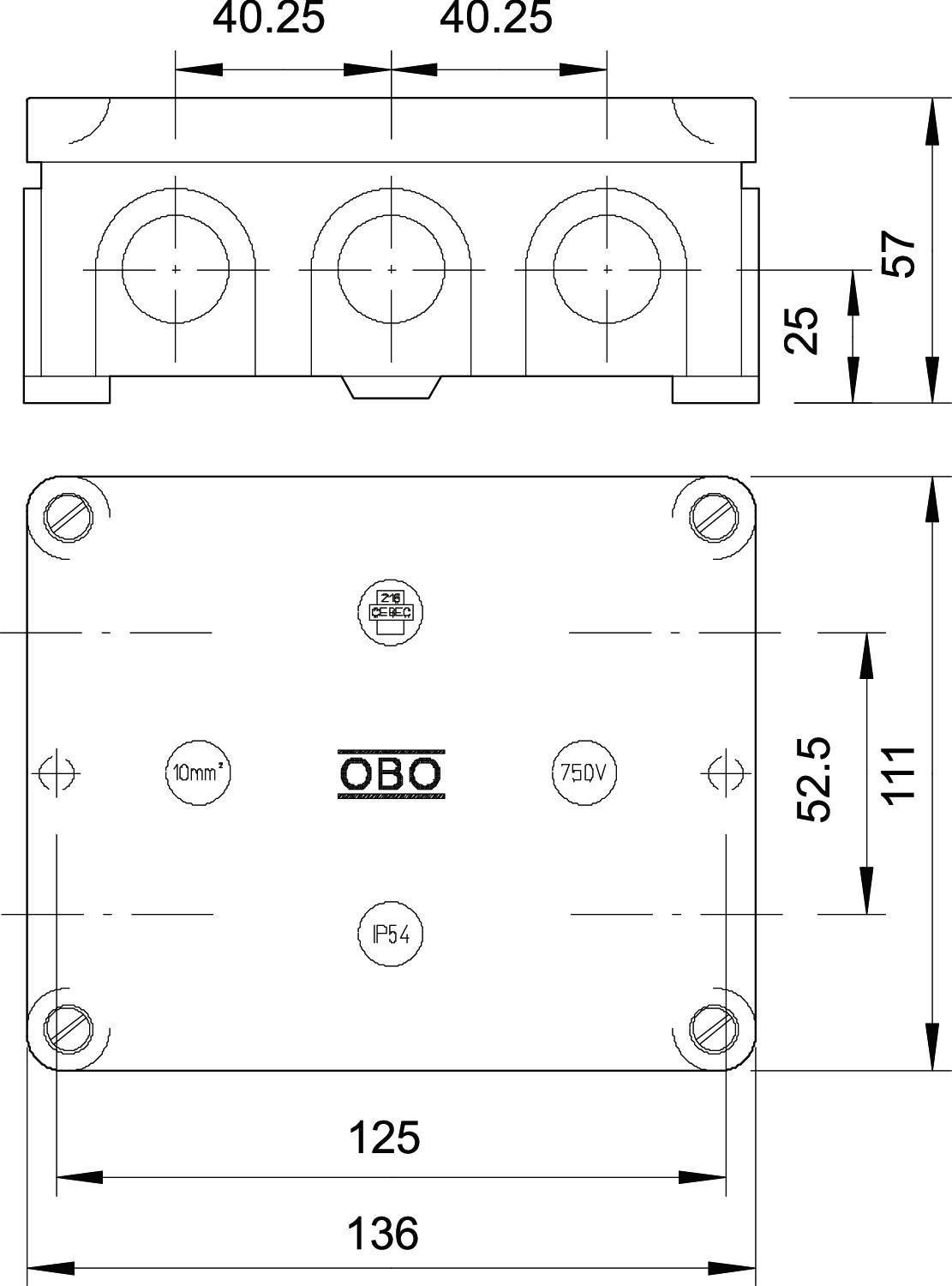 Rysunek techniczny skrzynki przyłączeniowej z wymiarami: szerokość 136 mm, wysokość 111 mm, głębokość 57 mm, napięcie 750 V, stopień ochrony IP54.