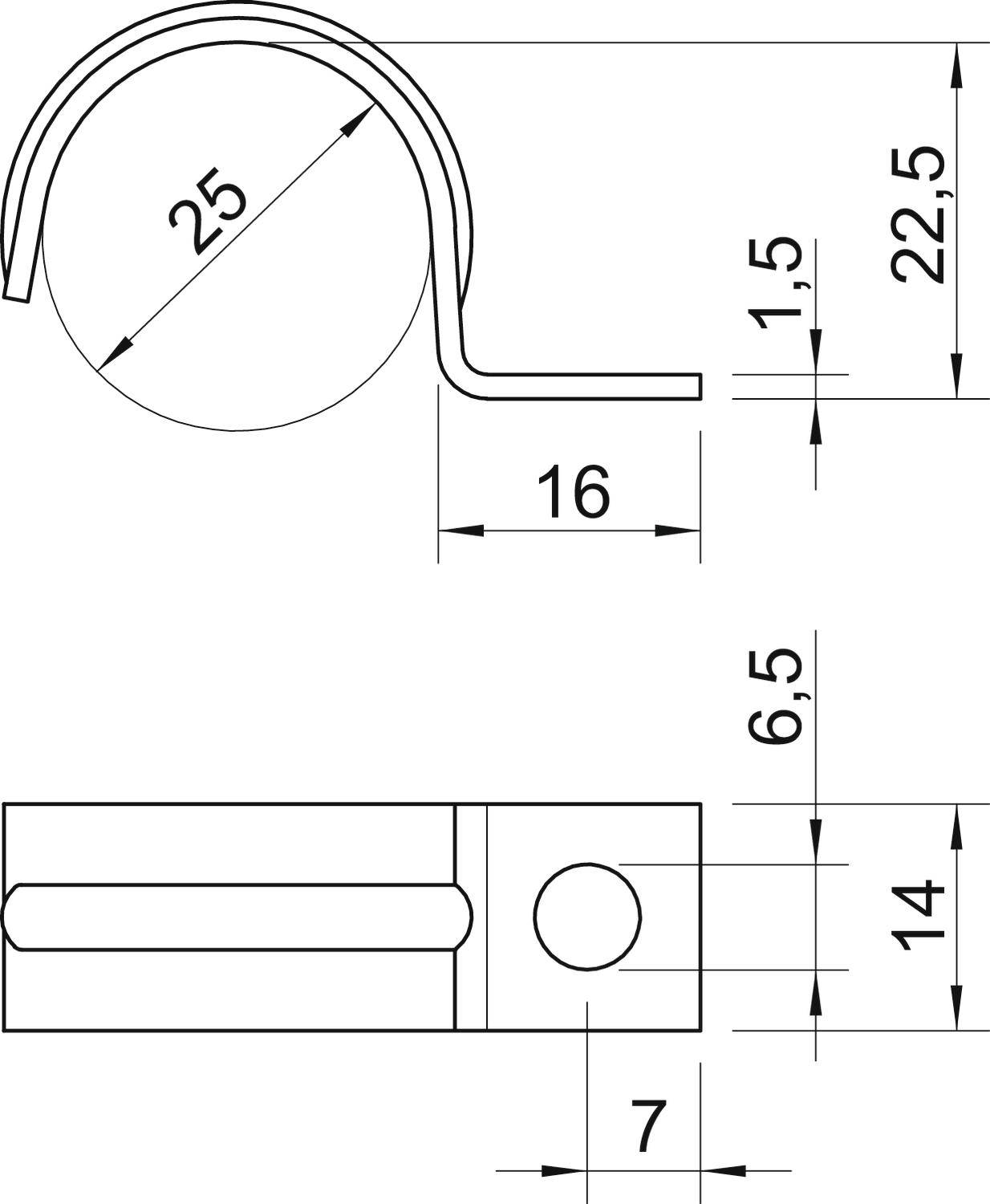Rysunek techniczny metalowego zacisku o wymiarach: średnica 25 mm, wysokość 22,5 mm, szerokość 16 mm, średnica otworu 7 mm.