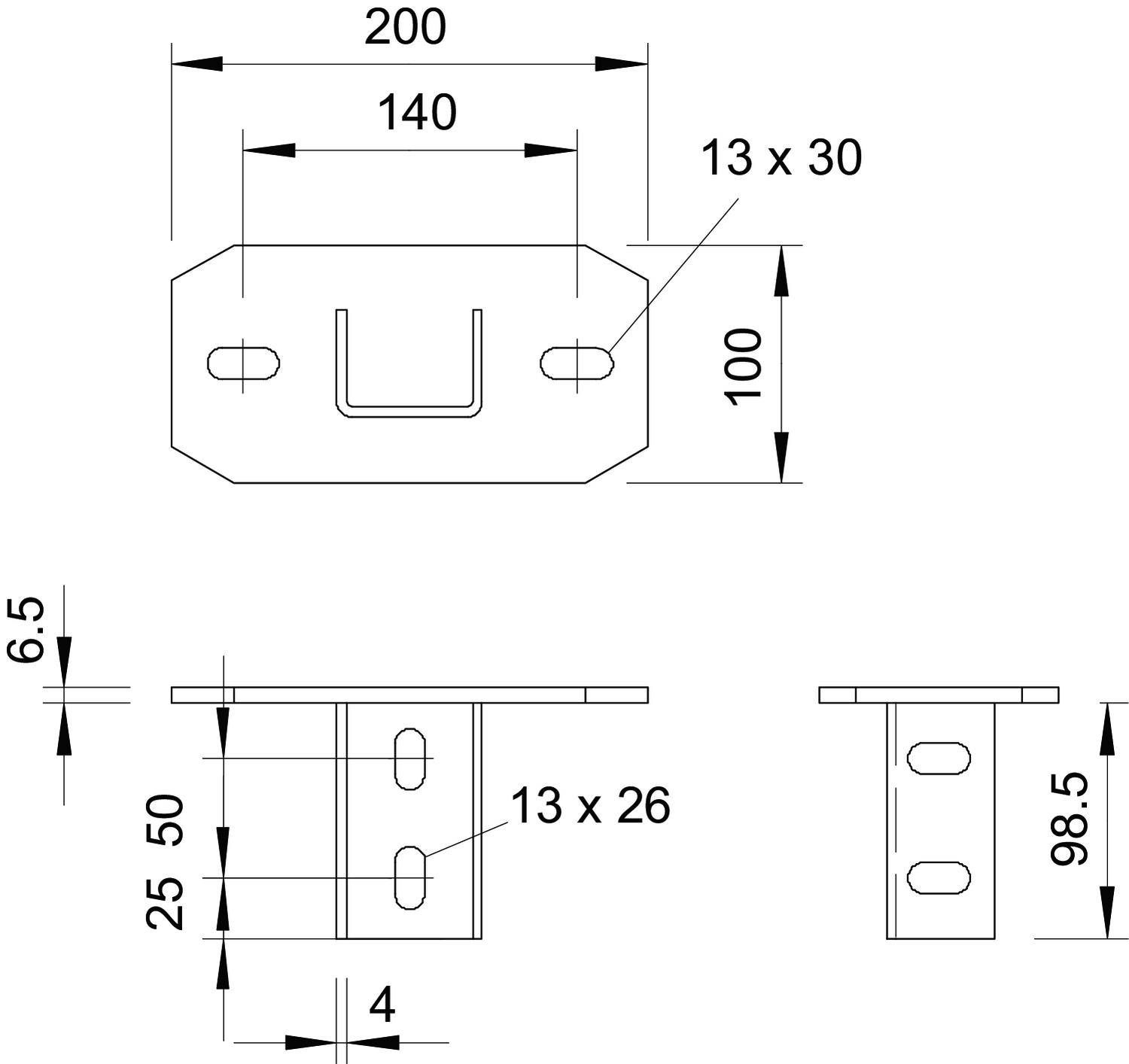 Rysunek techniczny prostokątnego kątownika metalowego z zagięciami i otworami. Linie wymiarowe wskazują wymiary i odległości.