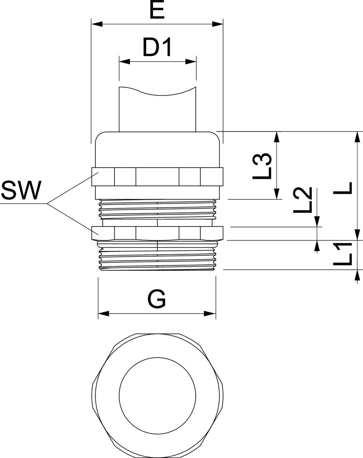 Rysunek techniczny złącza metalowego z wymiarami: E, D1, L, L1, L2, L3, SW, G. Przedstawia widok z przodu i z boku wraz ze szczegółami gwintu.