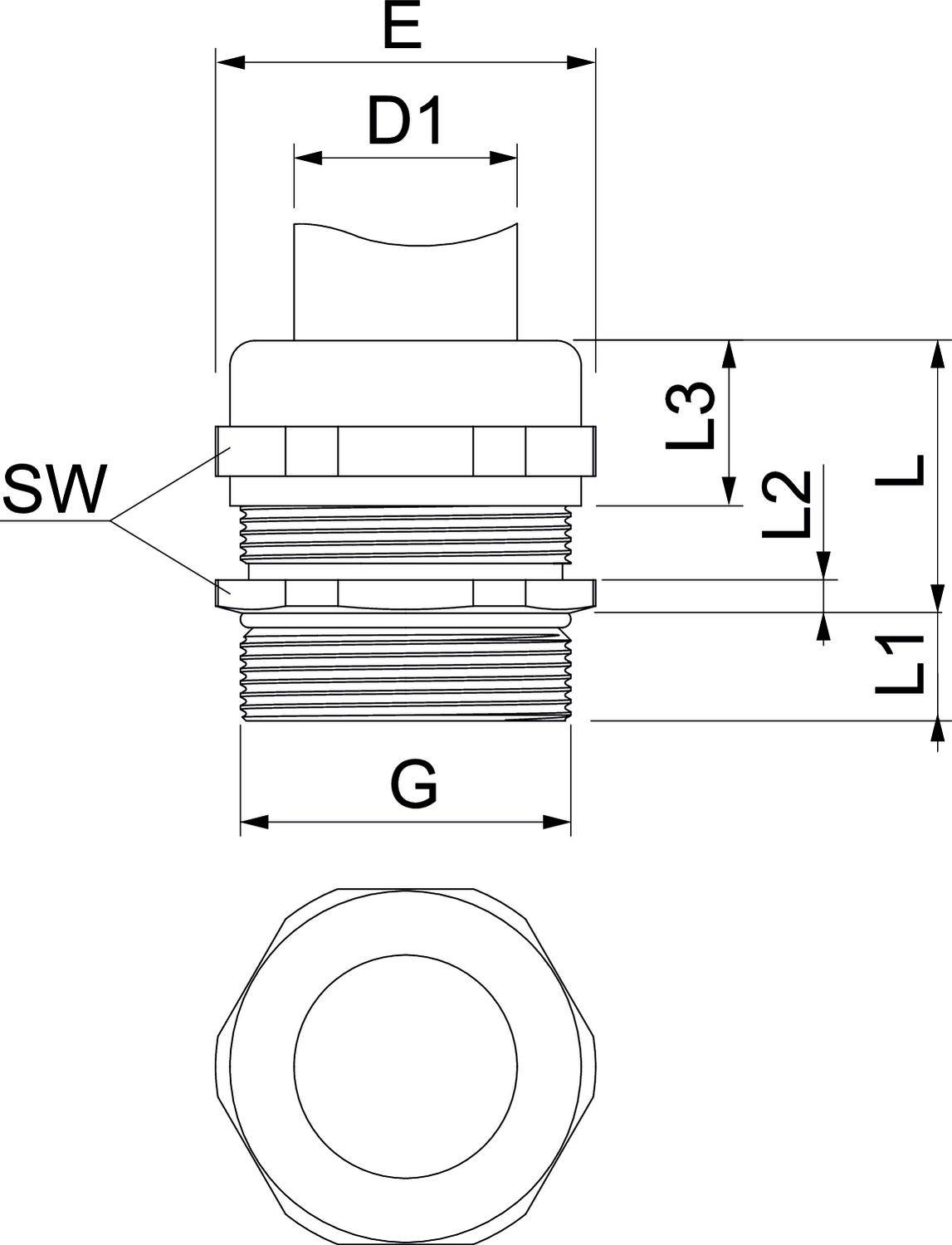 Rysunek techniczny złącza cylindrycznego. Przedstawione są wymiary: średnica D1, szerokość SW, długość otwarta L1, L2, L3 oraz całkowita szerokość G.