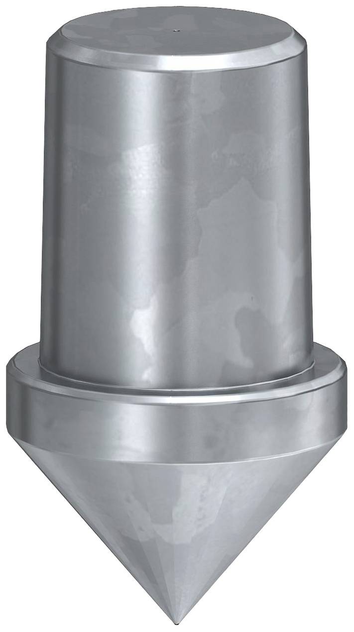 Metalowy, cylindryczny obelisk o ostrej podstawie. Połyskuje srebrzyście i przypomina stożek o okrągłej podstawie.