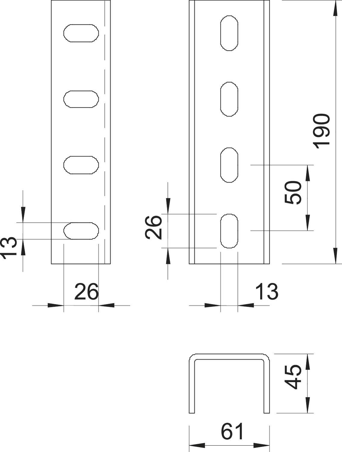 Rysunek techniczny profilu U z wymiarami: wysokość 190 mm, szerokość 61 mm, głębokość 45 mm. Oznaczone odległości i pozycje otworów.