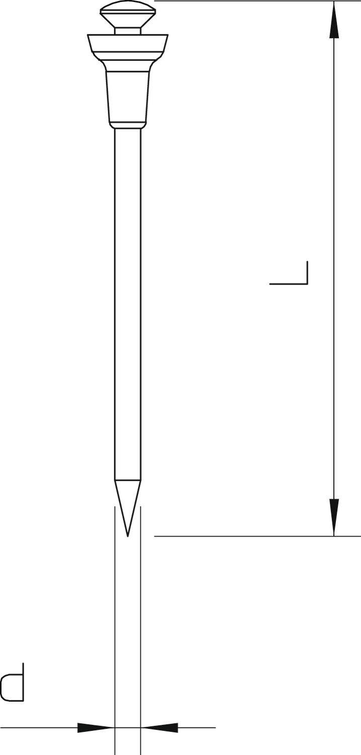 Rysunek wydłużonego, zwężającego się ołówka z dekoracyjnym zakończeniem i oznaczeniami wymiarów.