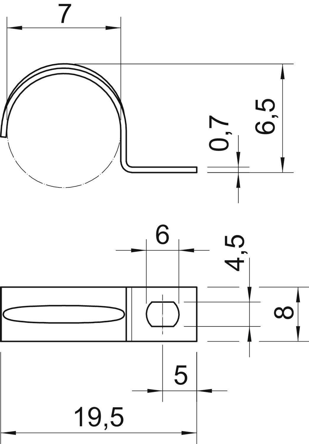 Rysunek techniczny klipsa metalowego z wymiarami: szerokość 7 mm, wysokość 6,5 mm, średnica otworu 6 mm, całkowita długość 19,5 mm.