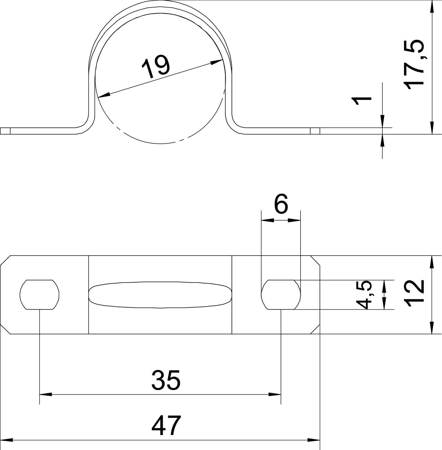 Rysunek techniczny obejmy rurowej z wymiarami: średnica 19 mm, wysokość 17,5 mm, szerokość 47 mm, otwory 12 mm, rozstaw 35 mm.
