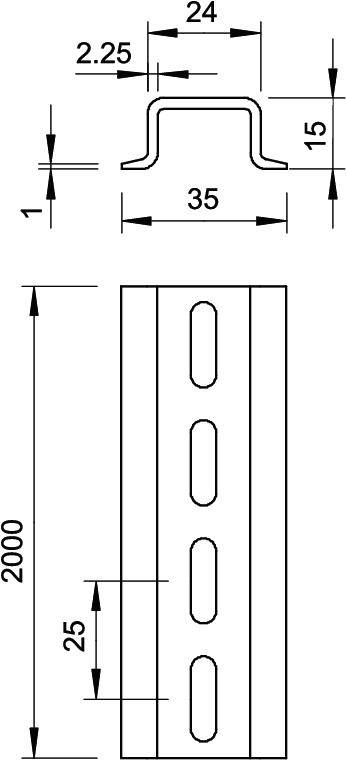 Rysunek techniczny profilu stalowego w kształcie U, 35 mm x 15 mm, długość 2000 mm, z otworami po jednej stronie. Wymiary w mm.