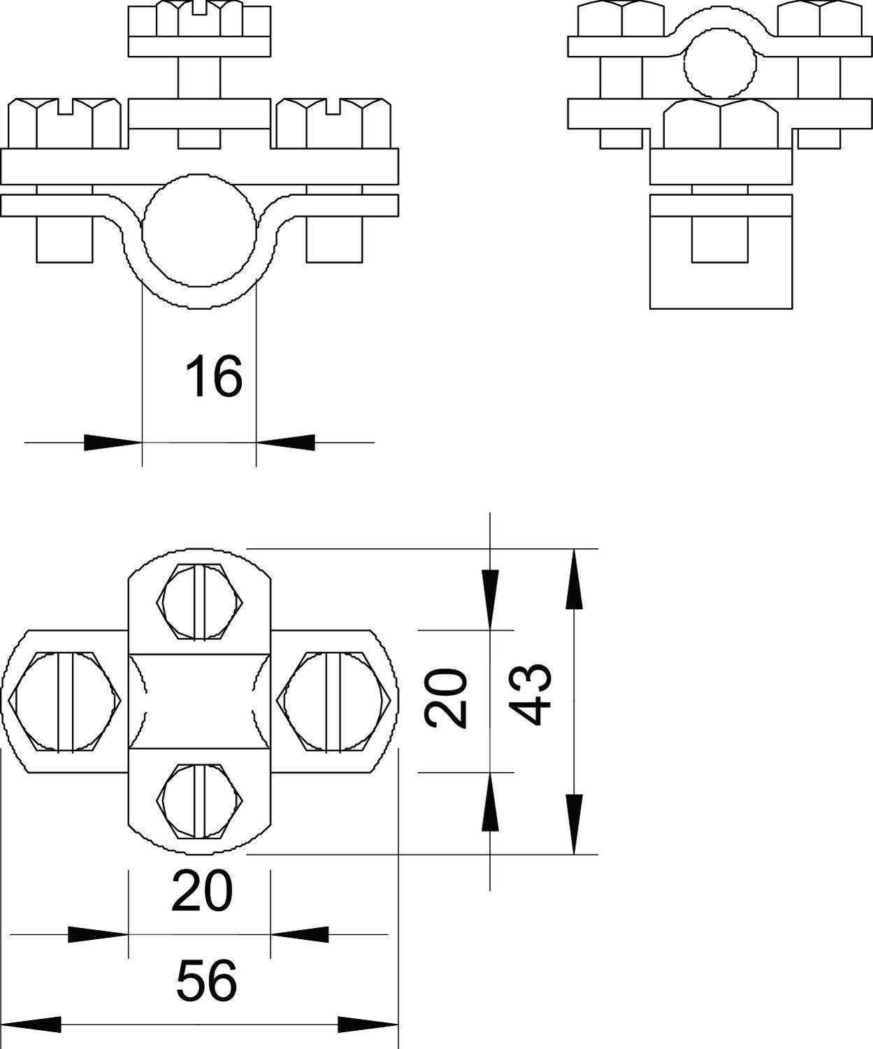 Rysunek techniczny obejmy rurowej z wymiarami: średnica 16 mm, szerokość 56 mm, odstęp 20 mm, całkowita wysokość 43 mm.