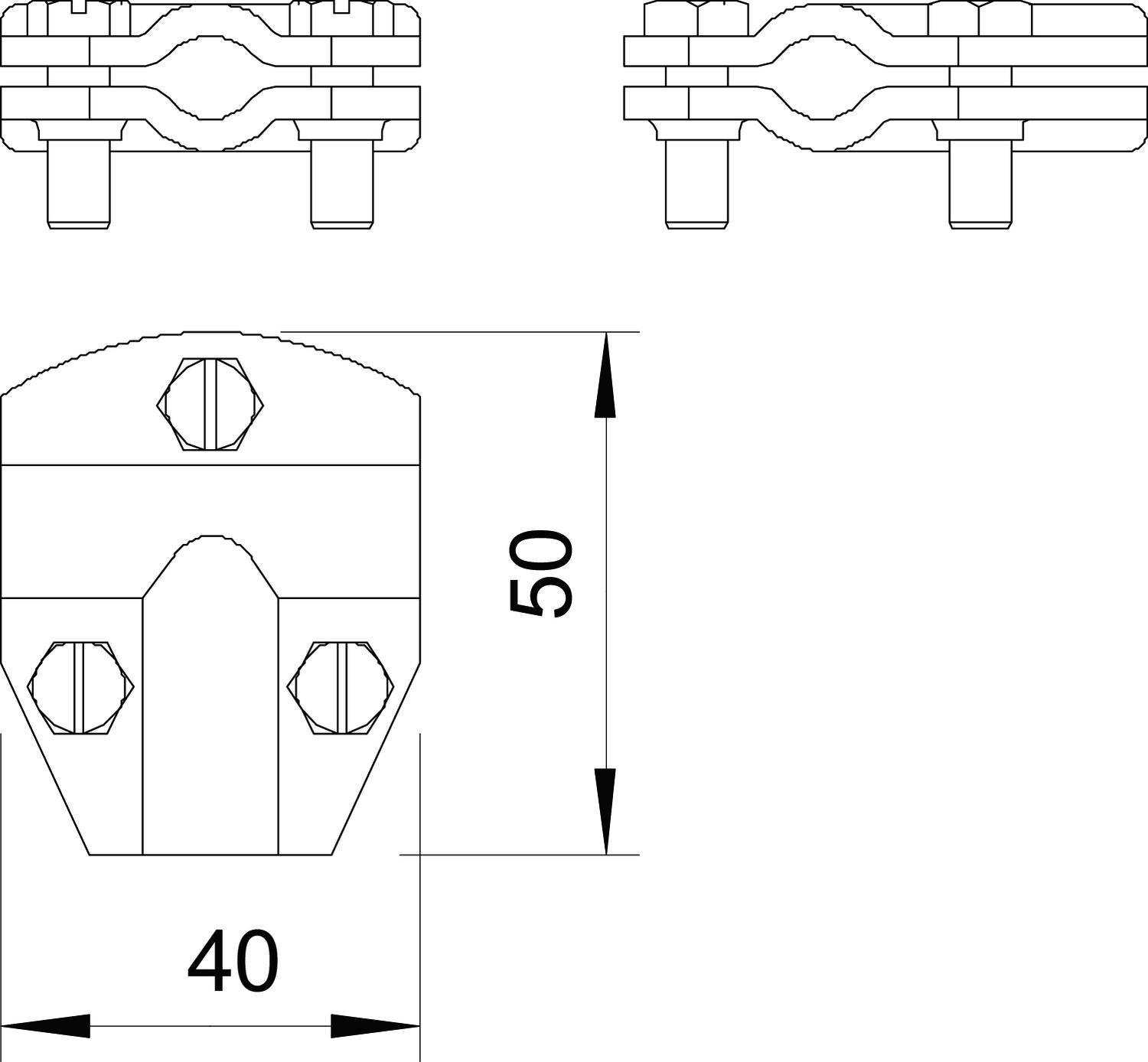 Rysunek techniczny metalowego klipsa z wymiarami: szerokość 40 mm, wysokość 50 mm. Rysunek przedstawia widok z przodu, z góry i z boku.